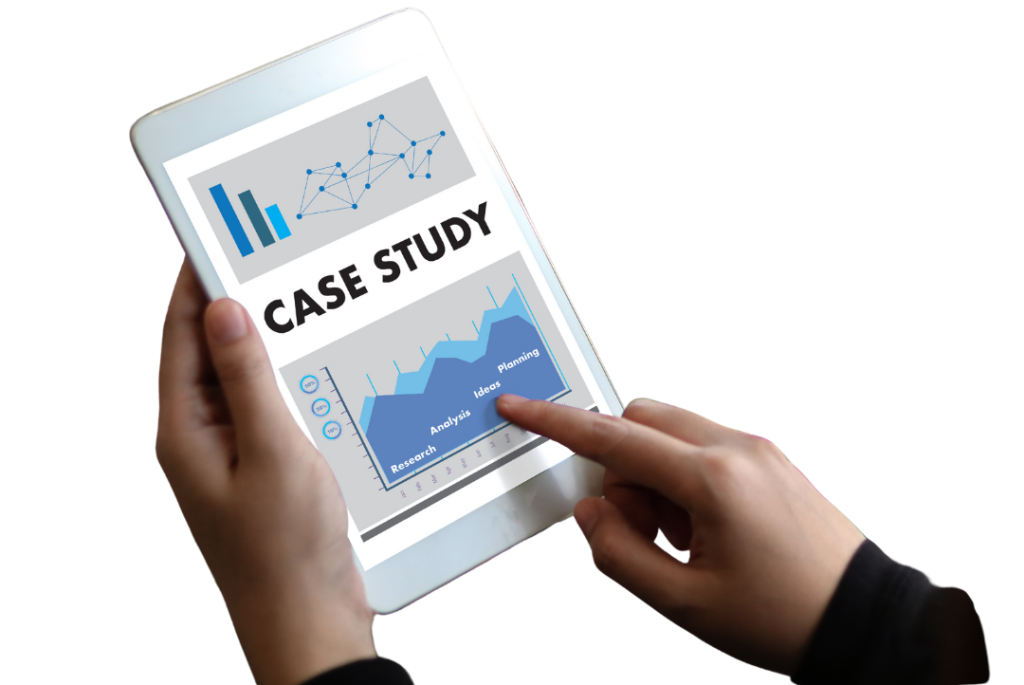 Tablet displaying case study graphs and analysis.