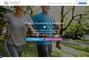 Couple jogging outdoors for hydration therapy website.