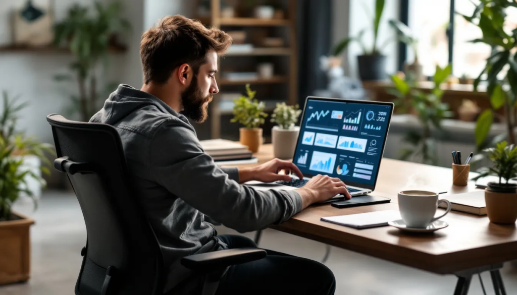 Man analyzing graphs on laptop at desk.