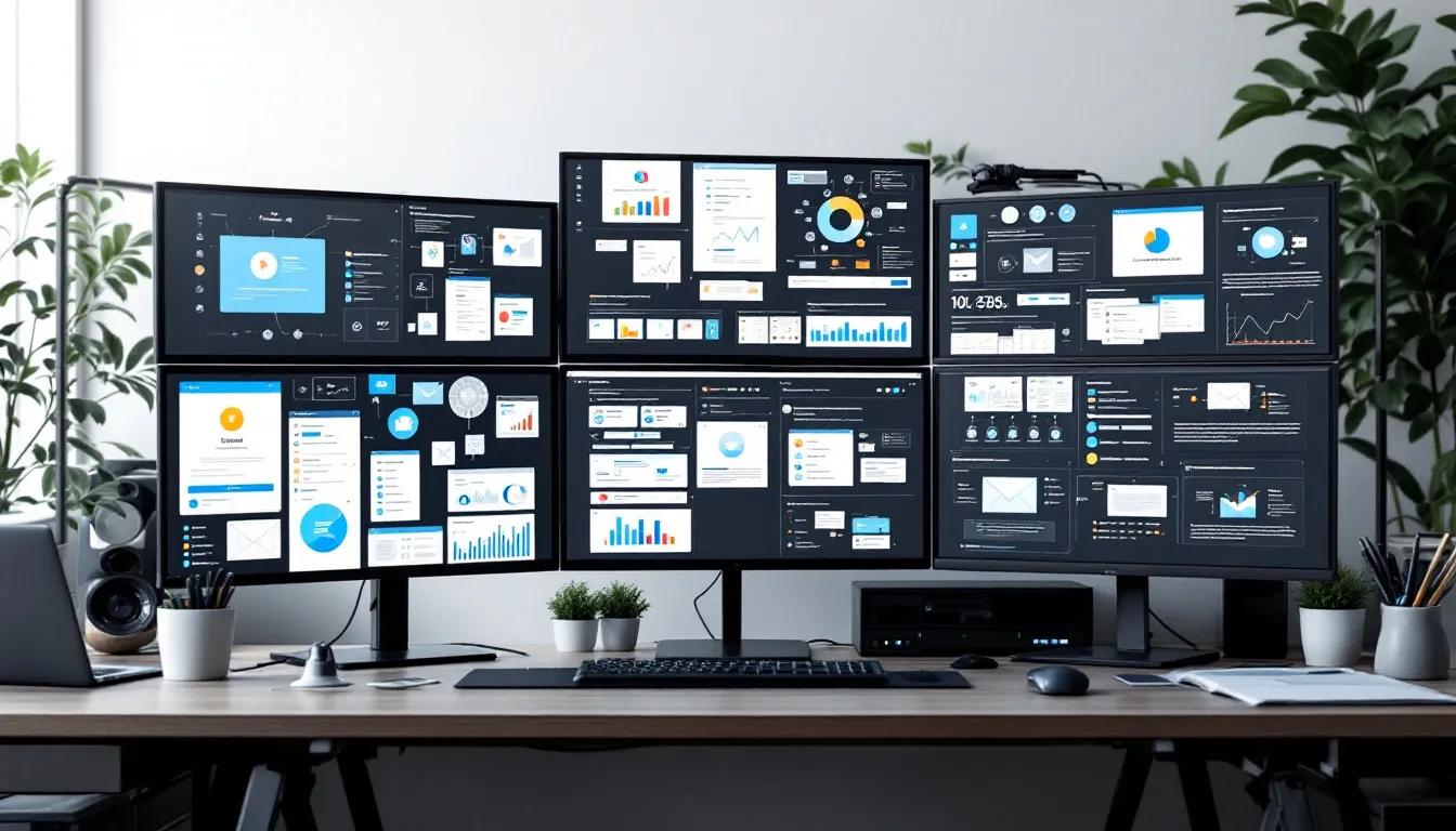 A collection of digital marketing tools and platforms is showcased on computer screens, highlighting various strategies such as social media marketing, search engine optimization, and online advertising, all aimed at helping small businesses enhance their digital marketing efforts and build a strong online presence.
