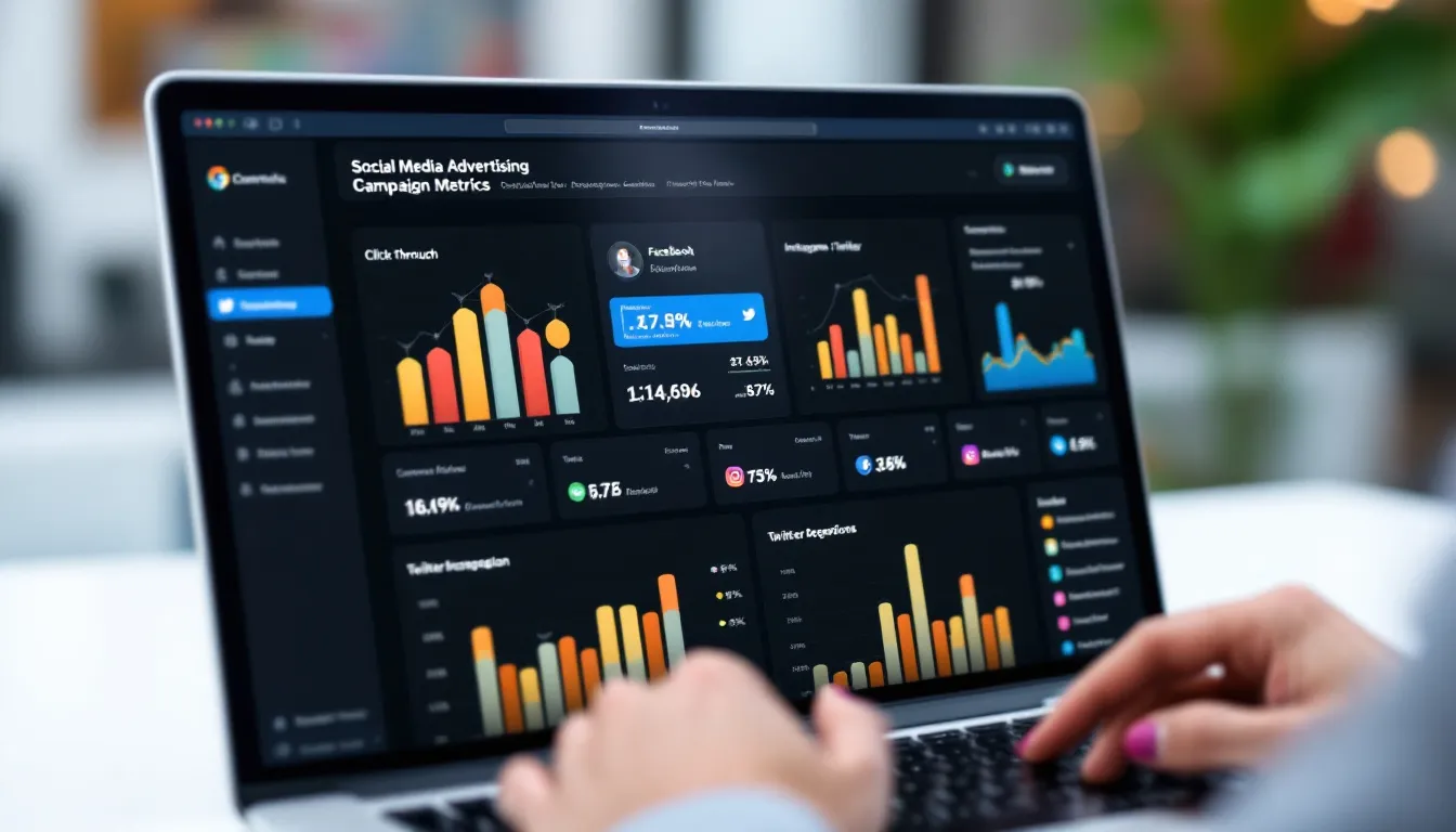 An image of a social media advertising dashboard displays various campaign performance metrics, including key statistics that highlight the effectiveness of digital marketing efforts for small businesses. The dashboard showcases data relevant to social media platforms, helping small business owners optimize their marketing strategies and reach their target audience effectively.