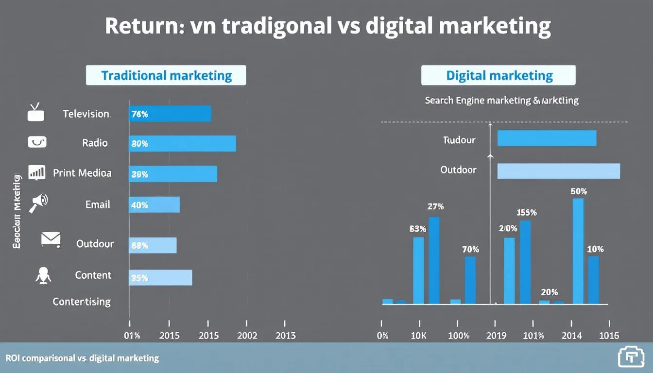 A chart illustrates the ROI comparison between traditional marketing methods, such as print ads, and digital marketing strategies, including social media marketing and online advertising. The data highlights the effectiveness of digital marketing for small businesses in reaching target audiences and driving website traffic, showcasing the advantages of a strong online presence.