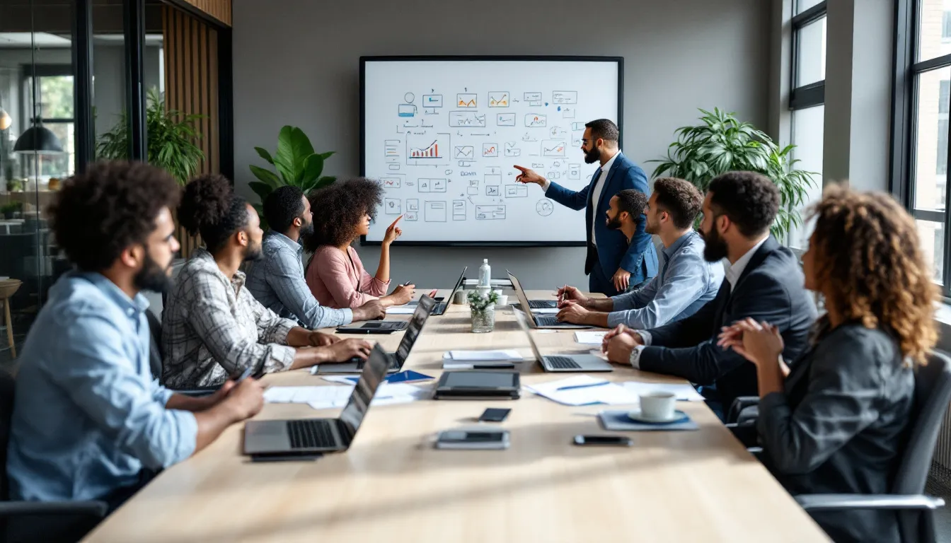 A diverse team of professionals collaborates around a conference table, engaging in brainstorming sessions with various digital devices. This scene highlights their focus on developing effective content marketing strategies to enhance online visibility and drive traffic for their clients.