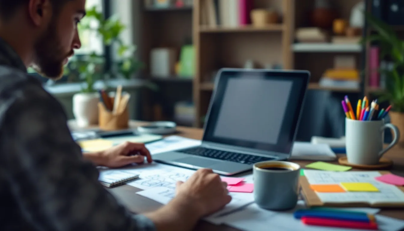 A content creator is focused on their laptop, surrounded by creative materials and planning documents, which reflect their work in content marketing and digital marketing strategies. The scene captures the essence of content creation and the collaborative efforts of a marketing agency aimed at enhancing online visibility and driving traffic.