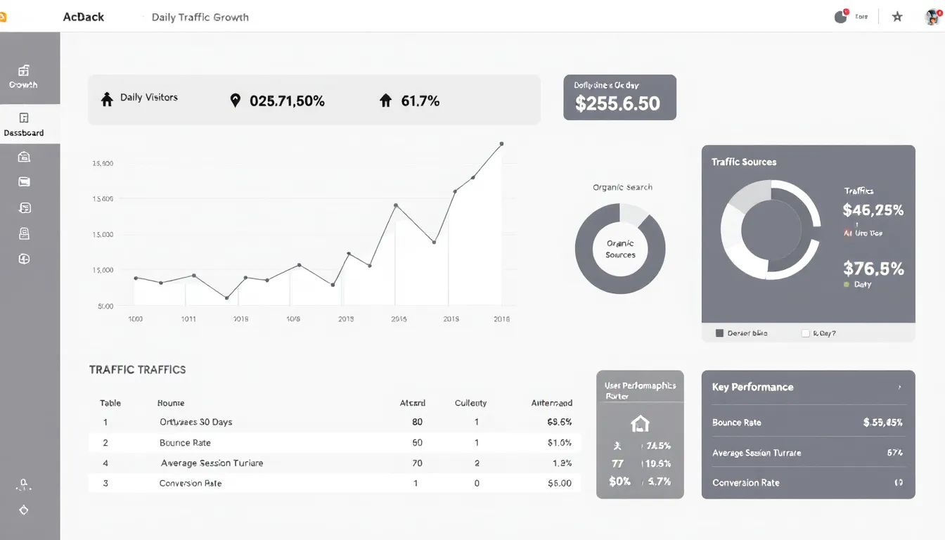 An analytics dashboard displays website traffic growth and various performance metrics, highlighting key data points such as organic traffic, keyword rankings, and user engagement. This visual representation aids digital marketing agencies in assessing their SEO strategies and overall content marketing effectiveness.