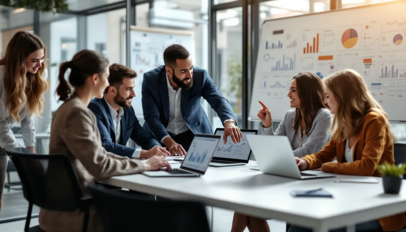 A professional team is collaborating on a digital marketing strategy, surrounded by laptops and analytics charts that display key metrics for content marketing and search engine rankings. This scene highlights their focus on enhancing online visibility and driving traffic through effective SEO strategies and content creation.