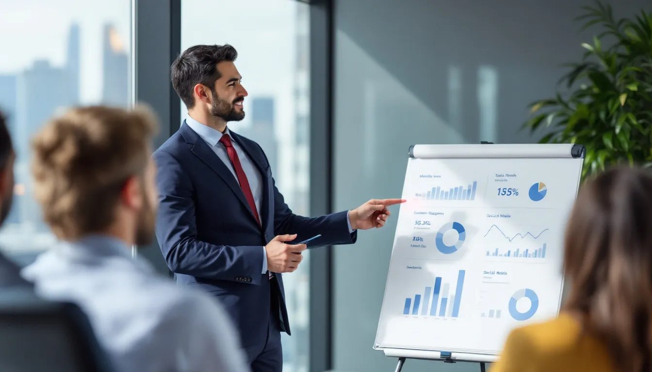 A business professional stands confidently in front of a group of small business owners, presenting insightful marketing results that highlight effective digital marketing strategies and the impact of online marketing efforts. The presentation emphasizes the importance of affordable digital marketing services in reaching their target audience and achieving their business goals.