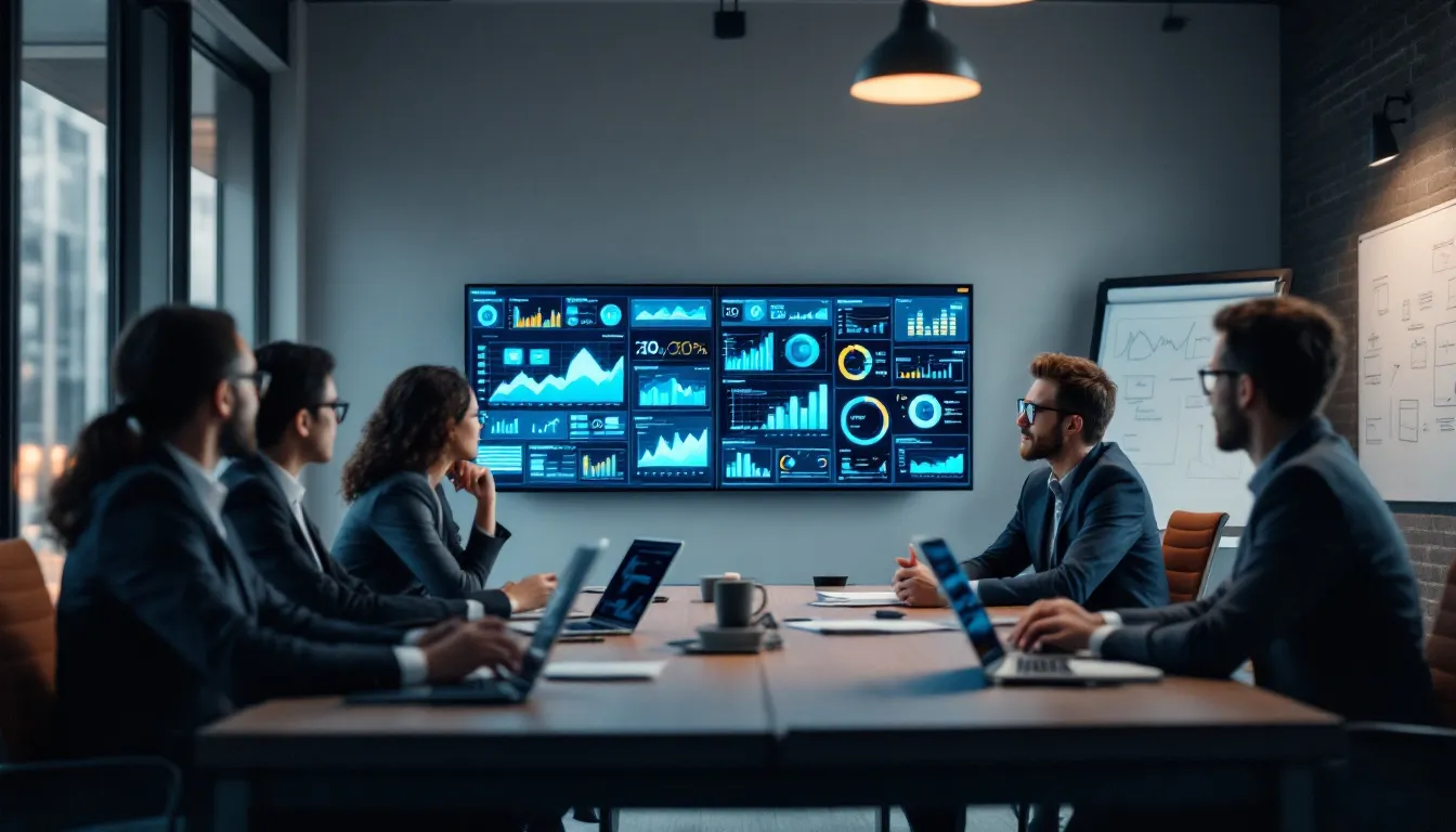 A group of professionals is engaged in a business meeting, analyzing analytics data displayed on multiple screens, which likely informs their digital marketing strategies, including content marketing and SEO efforts to improve search engine rankings and drive organic traffic. The collaborative atmosphere suggests a focus on enhancing their online visibility and developing effective content strategies.