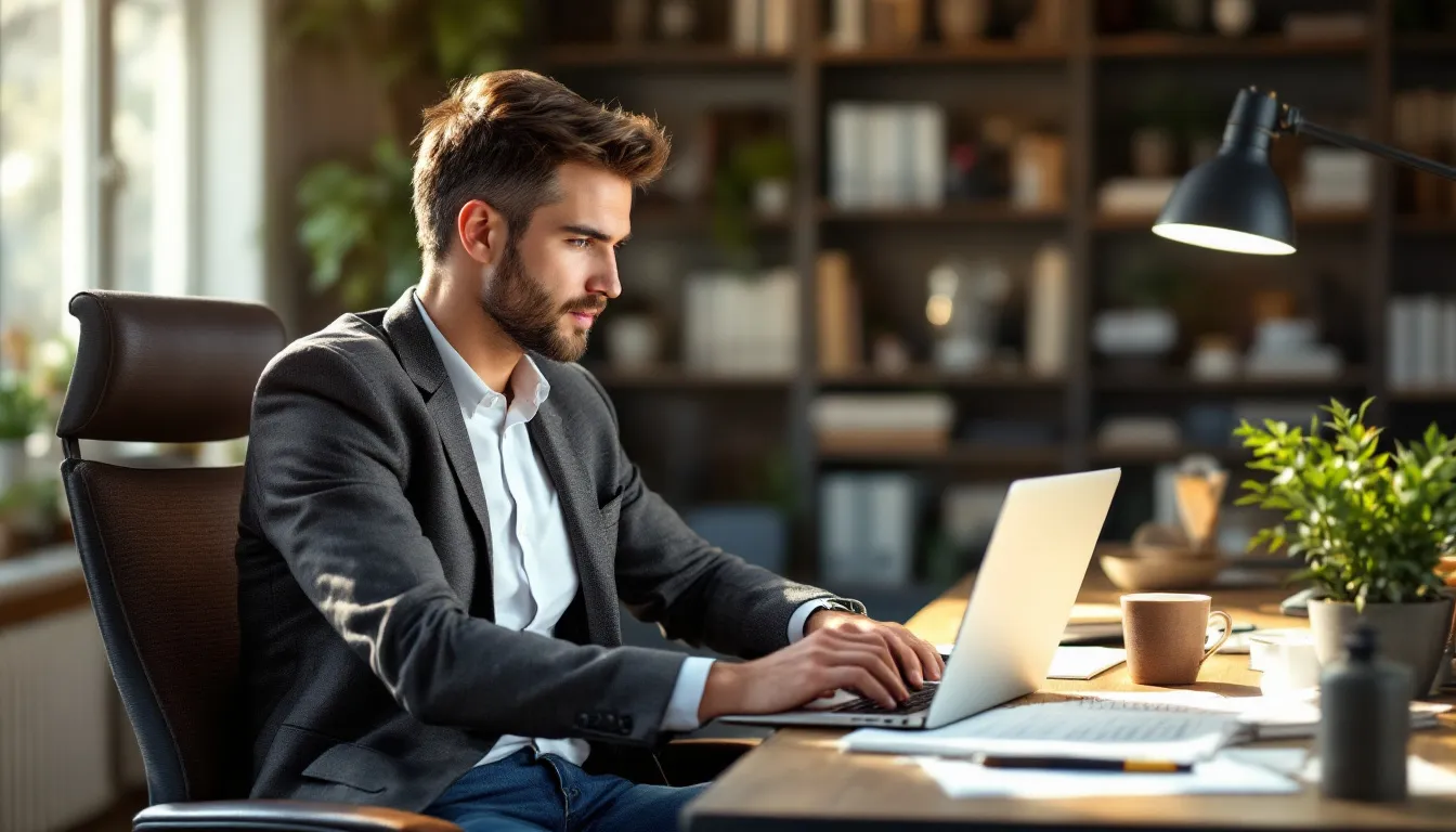 A small business owner is seated at a desk, intently reviewing marketing analytics on a laptop. The screen displays various graphs and data, highlighting key performance indicators and digital marketing strategies that can enhance their online presence and drive traffic to their website.