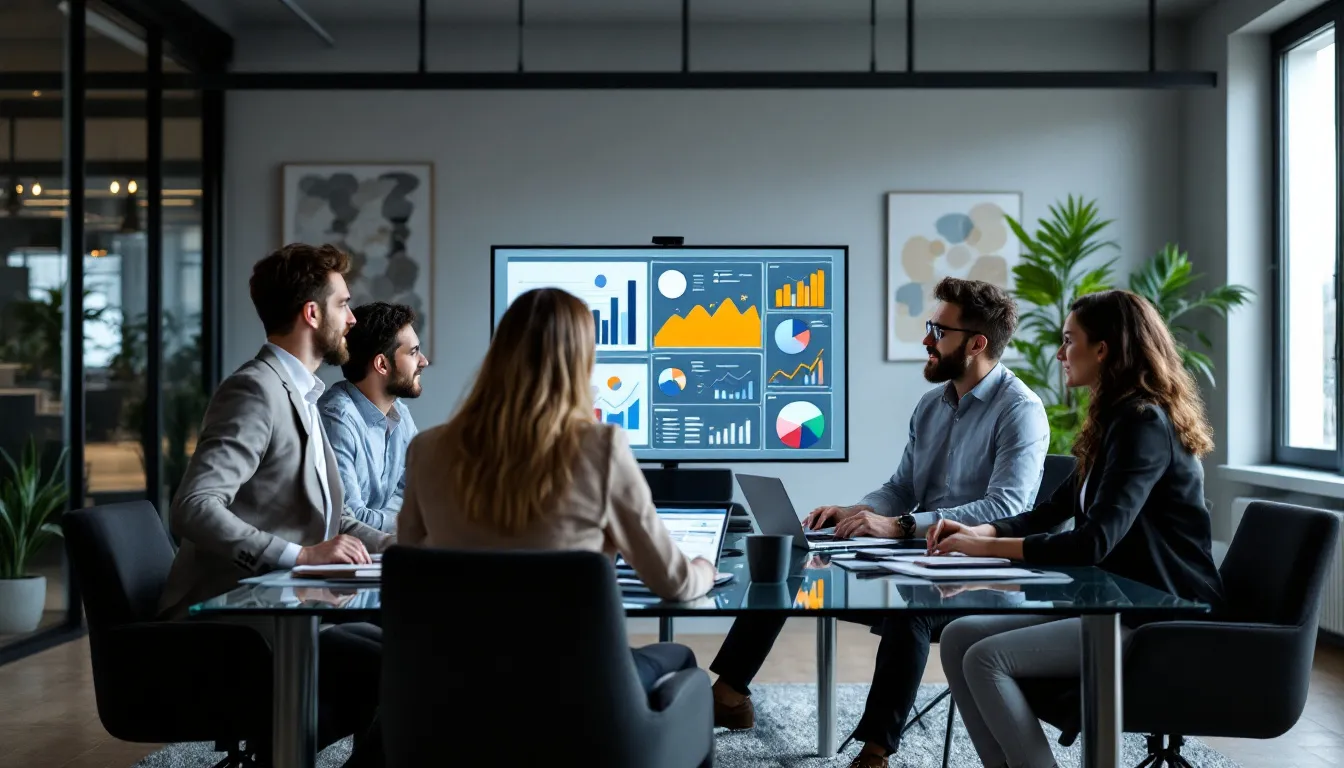 A marketing team is gathered around a table, collaborating on a campaign strategy, with various charts and graphs displayed on a laptop. They are discussing digital marketing strategies to enhance their online presence and improve conversion rates for their target audience.