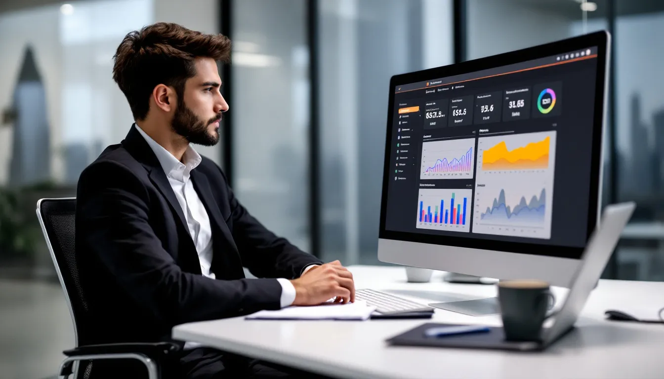 A digital marketing professional is focused on analyzing SEO performance metrics displayed on a computer screen, highlighting the importance of digital marketing strategies and search engine optimization for enhancing online success. This scene emphasizes the role of digital marketing services in driving traffic and improving brand recognition for businesses.