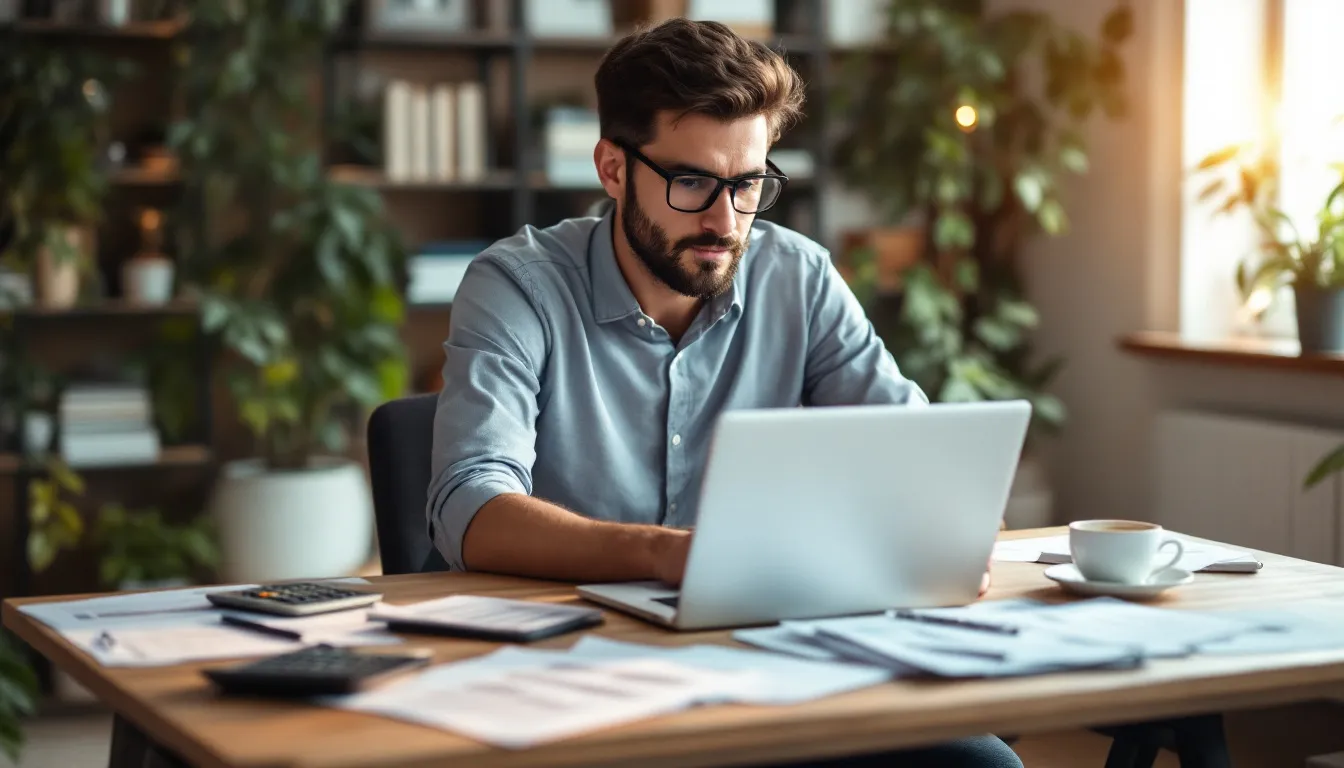 A small business owner is focused on calculating marketing ROI using a calculator and various reports, surrounded by documents detailing their digital marketing strategies. This scene highlights the importance of effective marketing services for small businesses aiming to optimize their online presence and reach their target audience.