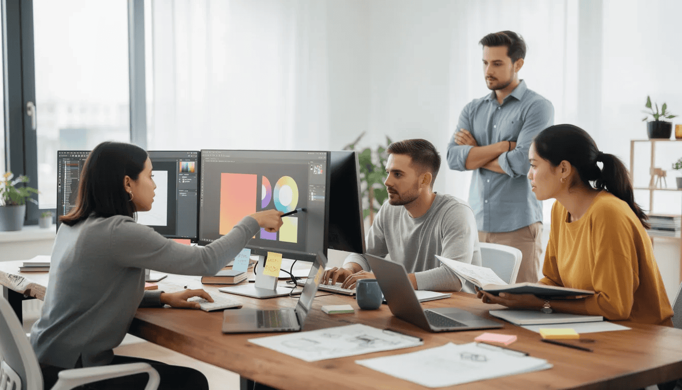 A diverse creative team is collaborating around computer screens in a modern office, discussing ideas for web design services and custom website design. The atmosphere is vibrant and filled with engagement as they work together to enhance visual appeal and drive traffic to their projects.