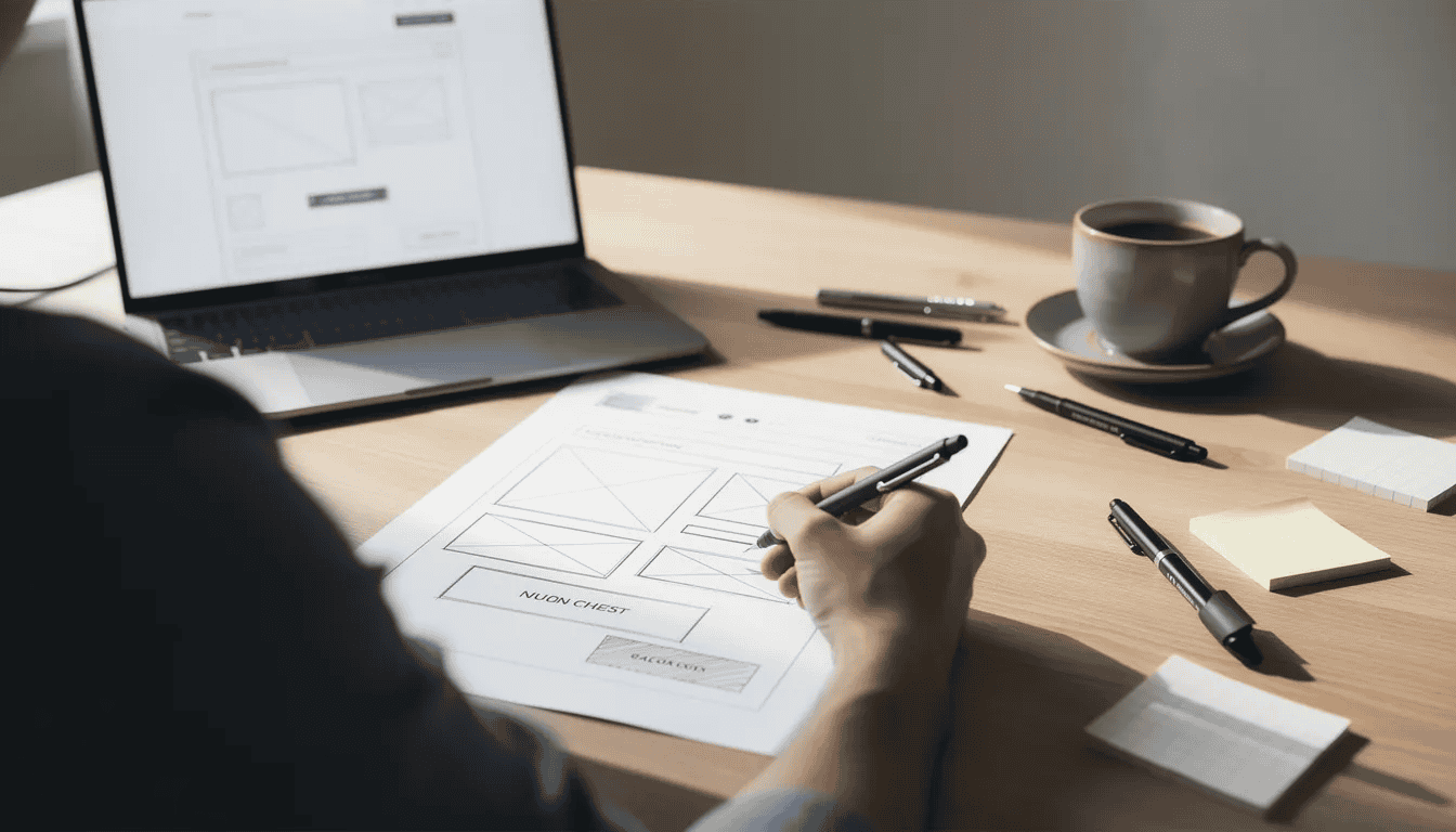 A person is sketching website layout wireframes on paper, with a laptop and a cup of coffee nearby, illustrating the creative process involved in web design. This scene captures the designer's focus on developing a custom website that is visually appealing and tailored to their target audience.