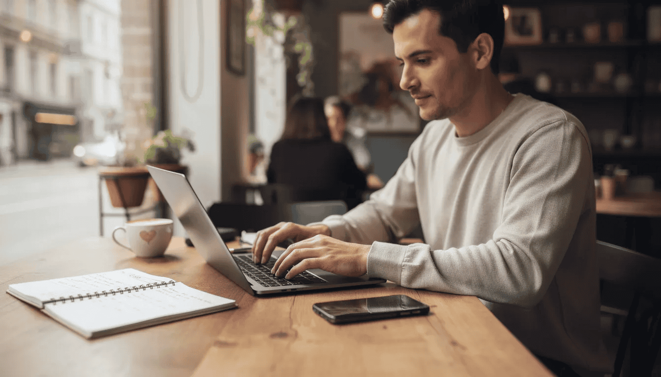 A business owner is seated at a cafe table, focused on typing on a laptop, with a notebook and phone placed nearby. The scene captures the essence of working on web design and developing a professional online presence, highlighting the creative process and tools essential for building a custom website.