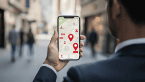 Person using smartphone with city map app.