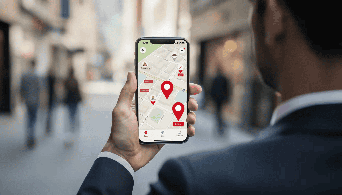 A person is holding a smartphone displaying a map application with location pins indicating nearby local businesses, showcasing the importance of local search engine optimization and enhancing the visibility of businesses in search results. The map highlights how digital marketing strategies can connect potential customers with local services effectively.