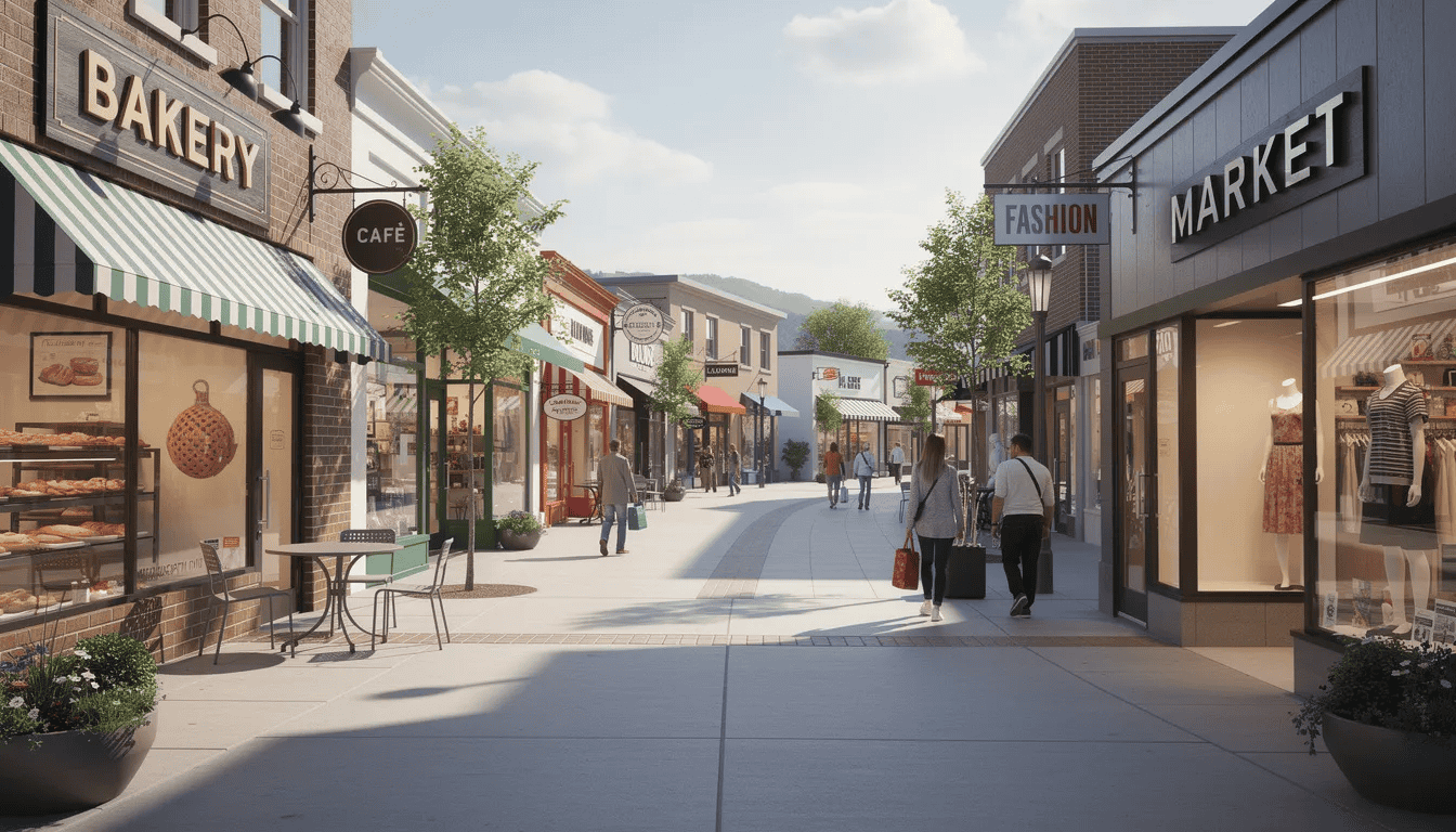 The image depicts a bustling local shopping street lined with various storefronts, each displaying colorful business signs. This vibrant scene highlights the importance of local visibility for businesses, showcasing the potential for effective local SEO strategies to enhance their presence in search engines and attract more local customers.