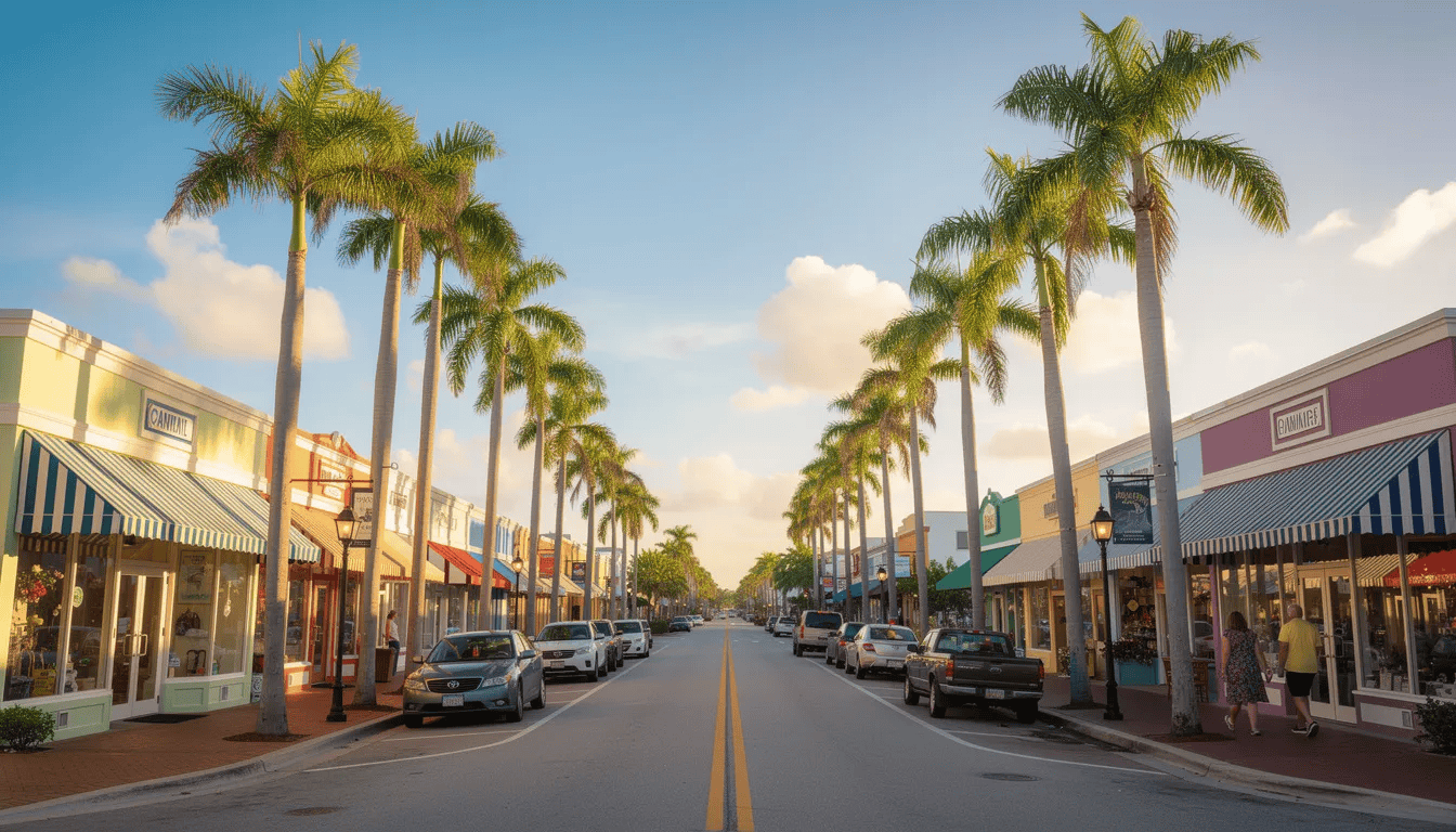 The image depicts palm trees gracefully lining a sunny Florida street, where vibrant local shops can be seen against a clear blue sky. This scene highlights the charm of local businesses, which can benefit from effective local SEO strategies to enhance their visibility in search engines.