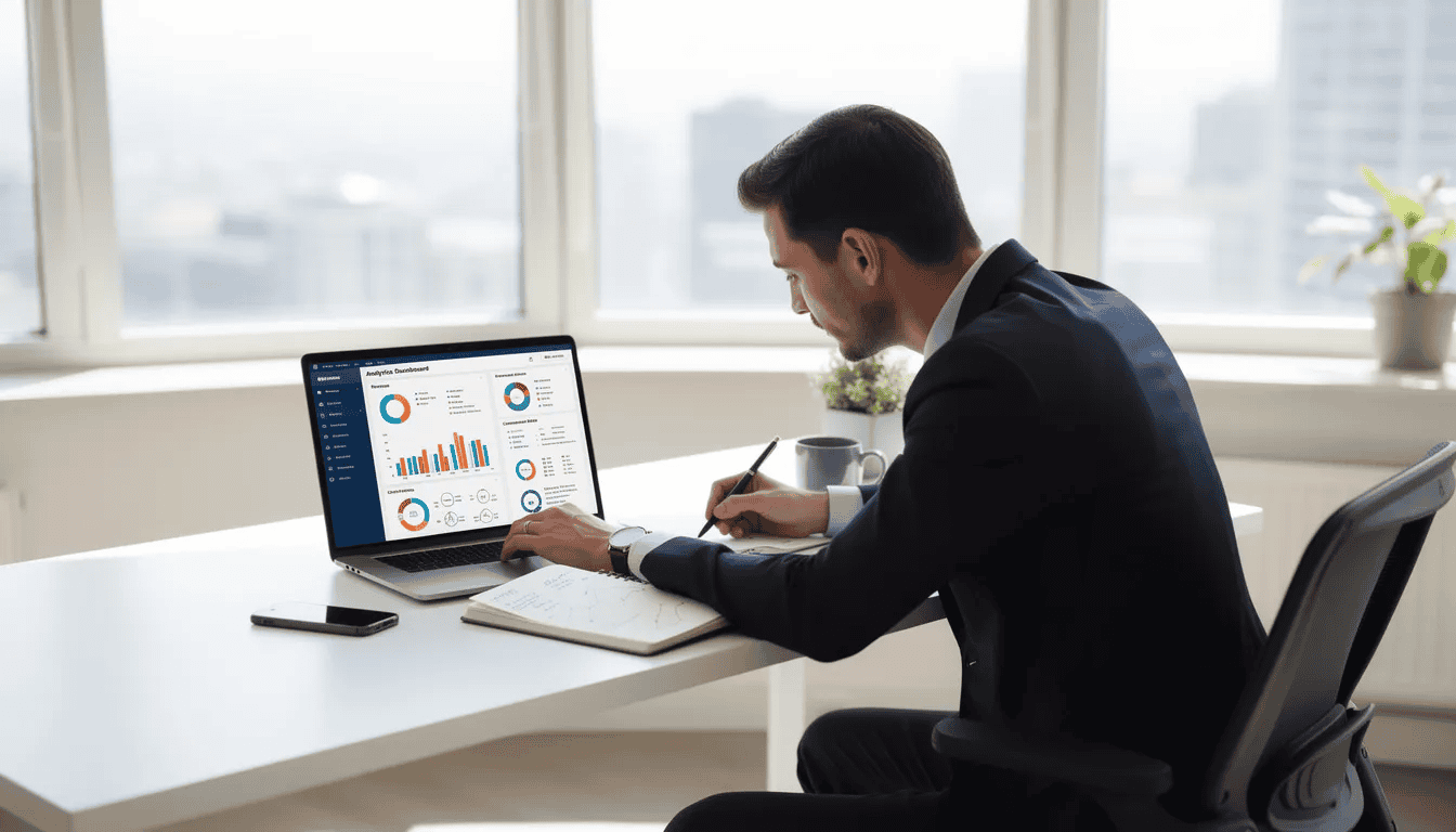 A business owner is seated at a bright office desk, intently reviewing analytics data on a laptop, which likely includes insights from Google Analytics to enhance local SEO strategies for improving local search visibility and attracting potential customers. The modern office setting emphasizes a focus on digital marketing efforts and optimizing the business's online presence.