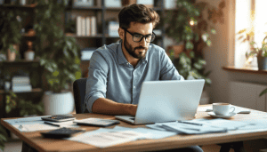 Man working on laptop in home office.