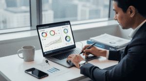 Person analyzing data on laptop